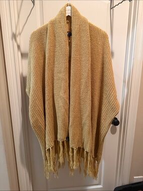 POL Mustard Yellow Open-Front Fringe Knit Poncho cotton blended
